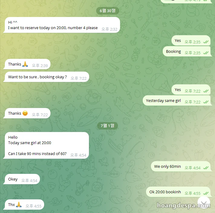 황제스파 텔레그램 실제 예약 대화 캡처(손님 정보 가림) — 영어 손님 다음 날 재예약, 60분 코스 안내